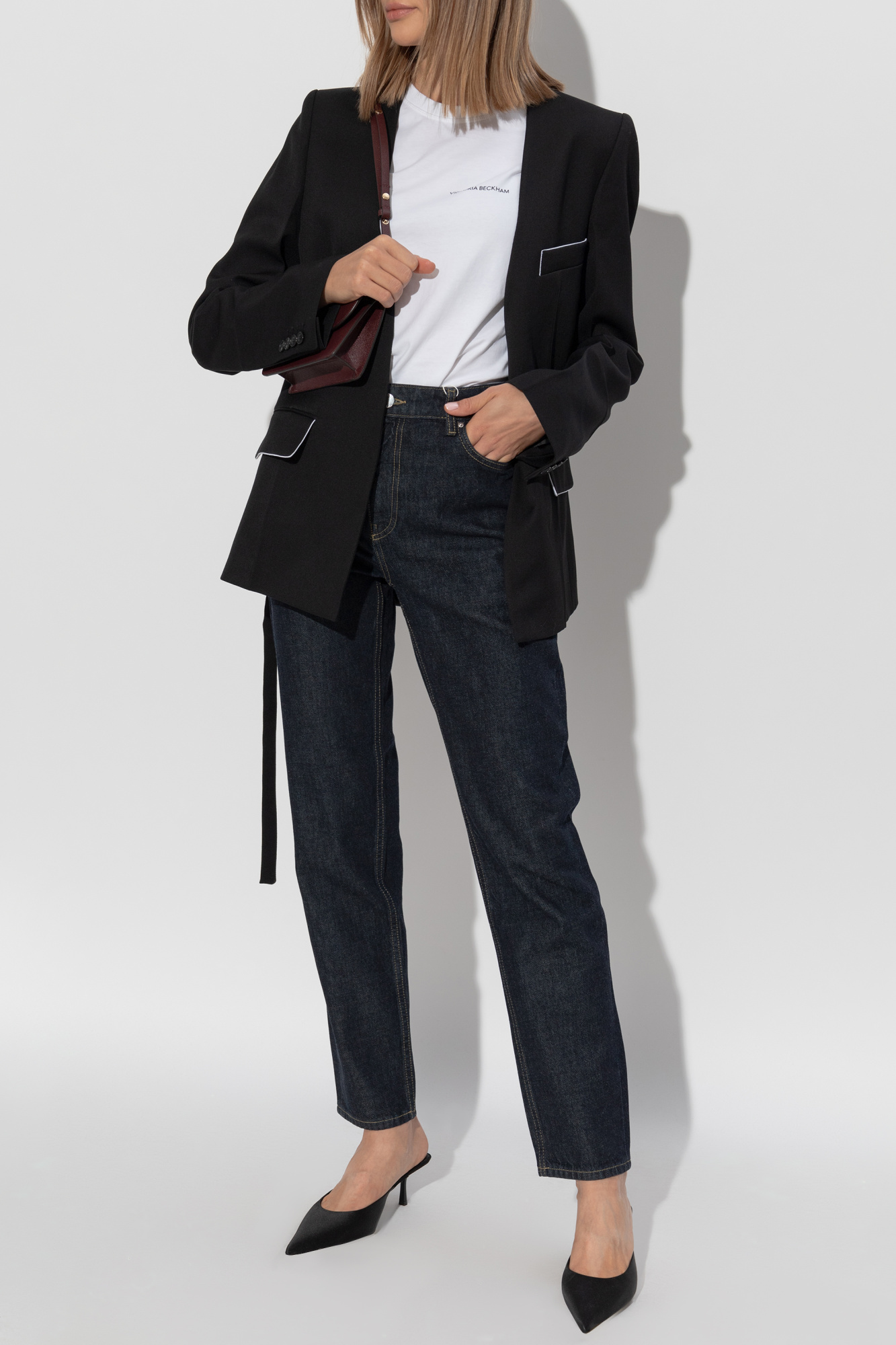 Cropped Long Sleeve Shirt In Oxford Blue – Victoria Beckham UK